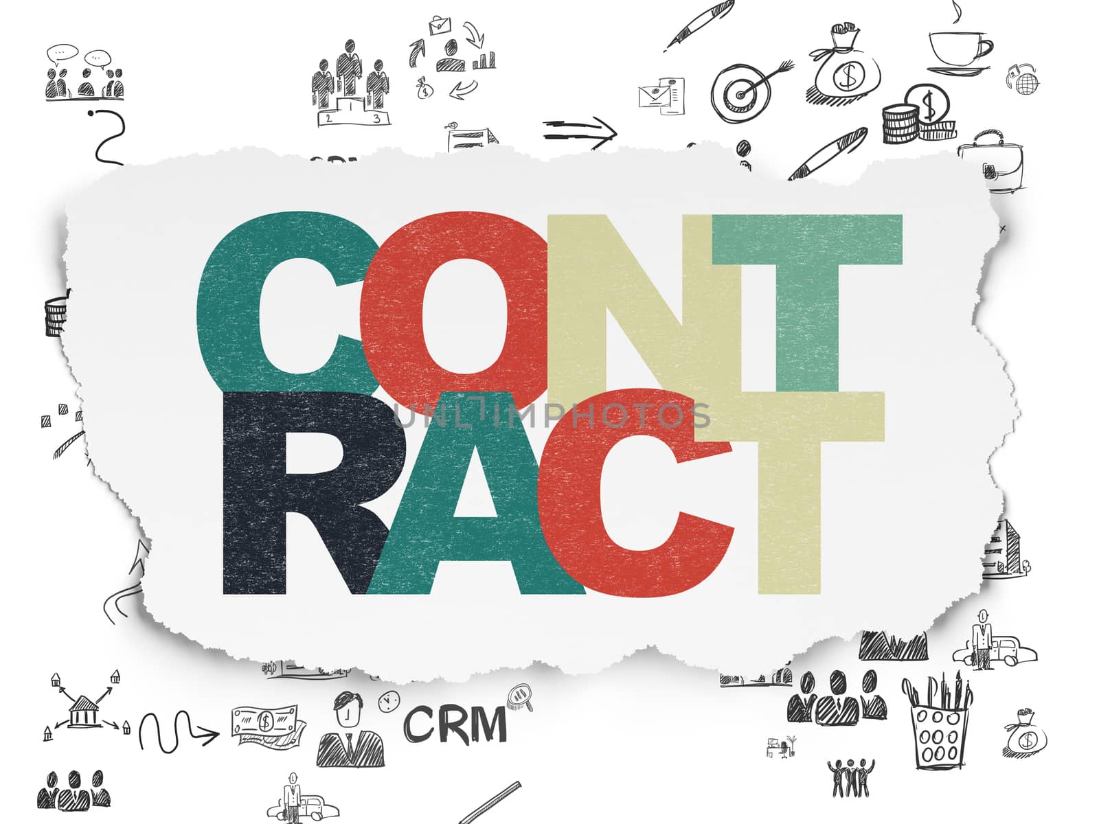 Business concept: Painted multicolor text Contract on Torn Paper background with Scheme Of Hand Drawn Business Icons
