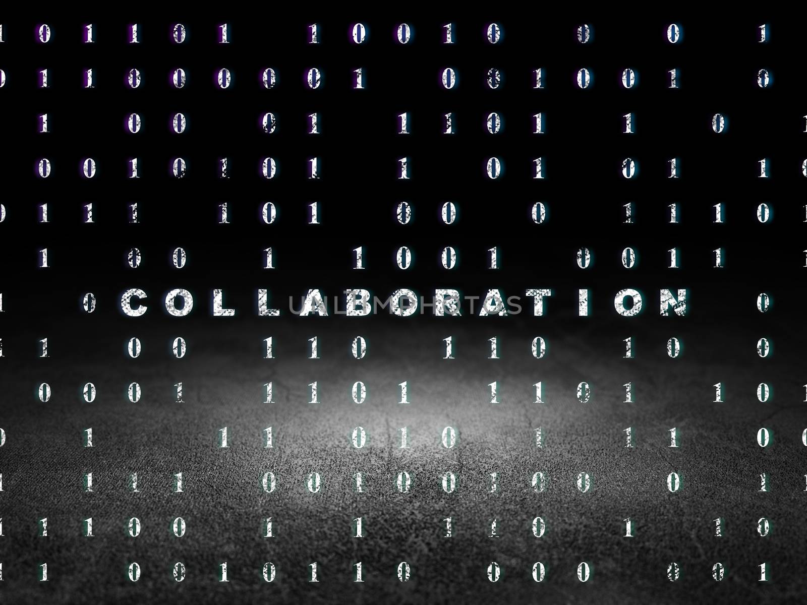 Finance concept: Glowing text Collaboration in grunge dark room with Dirty Floor, black background with Binary Code