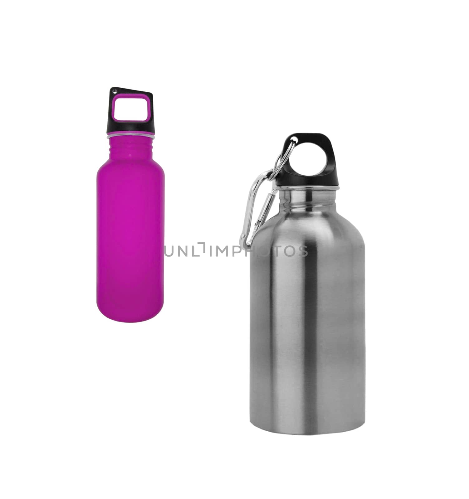 Aluminium and purple flasks isolated on white background