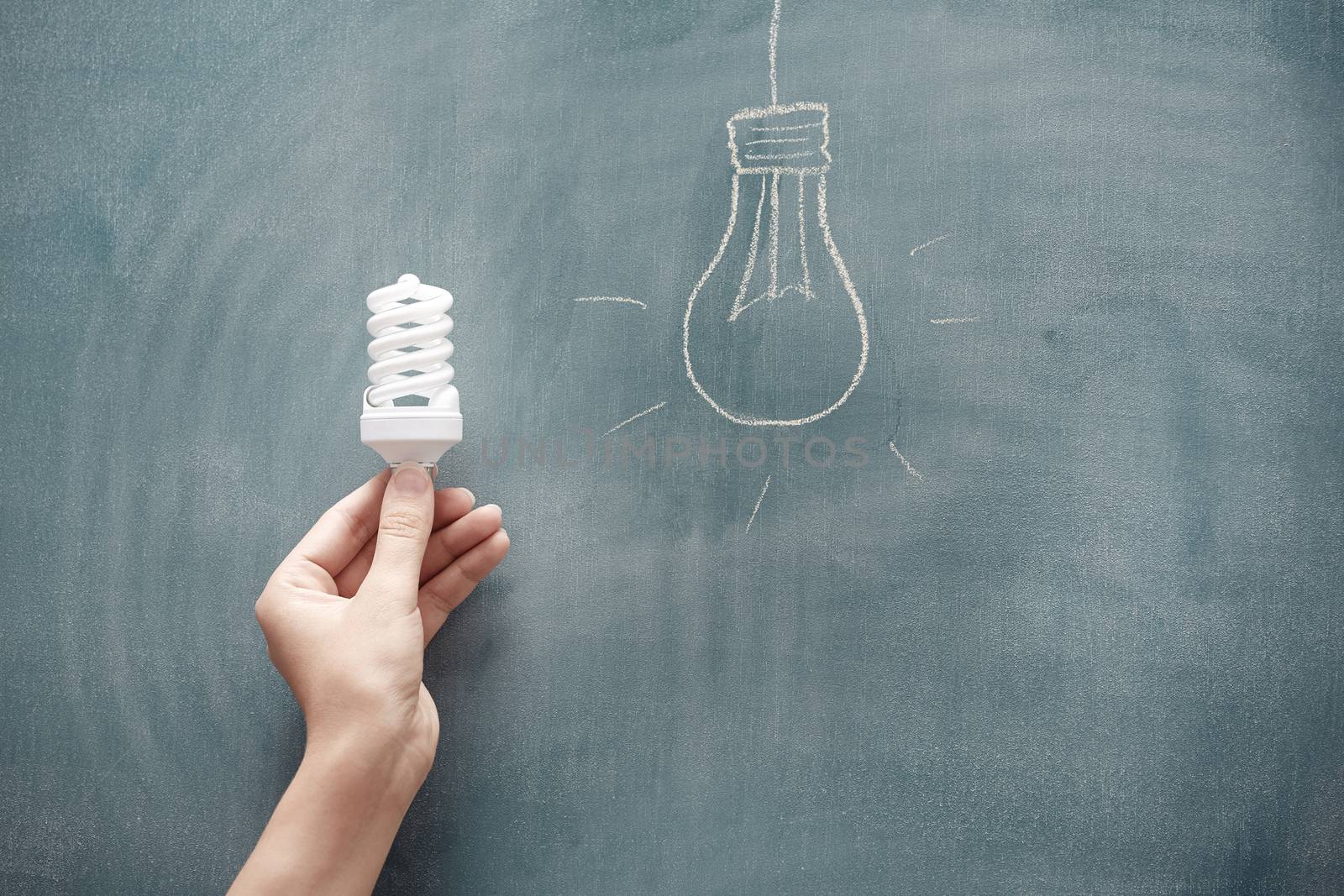 Human hand holding energy saving lamp at the blackboard