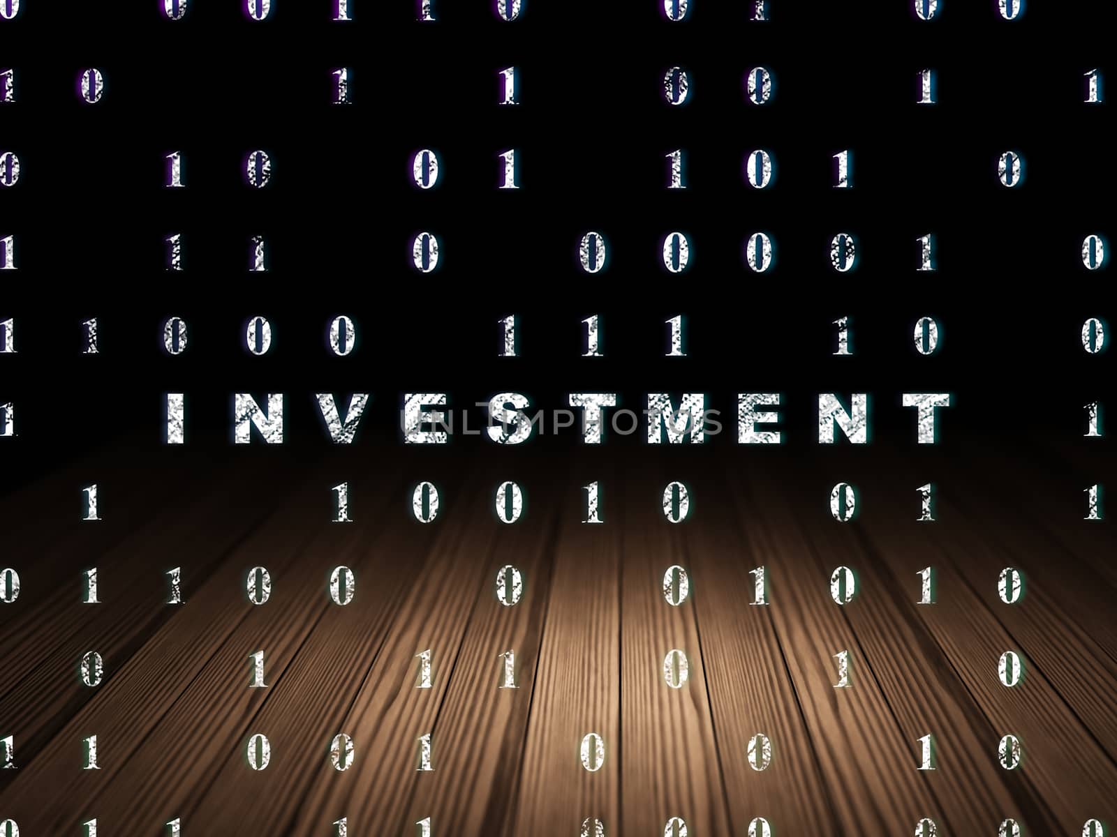 Finance concept: Glowing text Investment in grunge dark room with Wooden Floor, black background with Binary Code