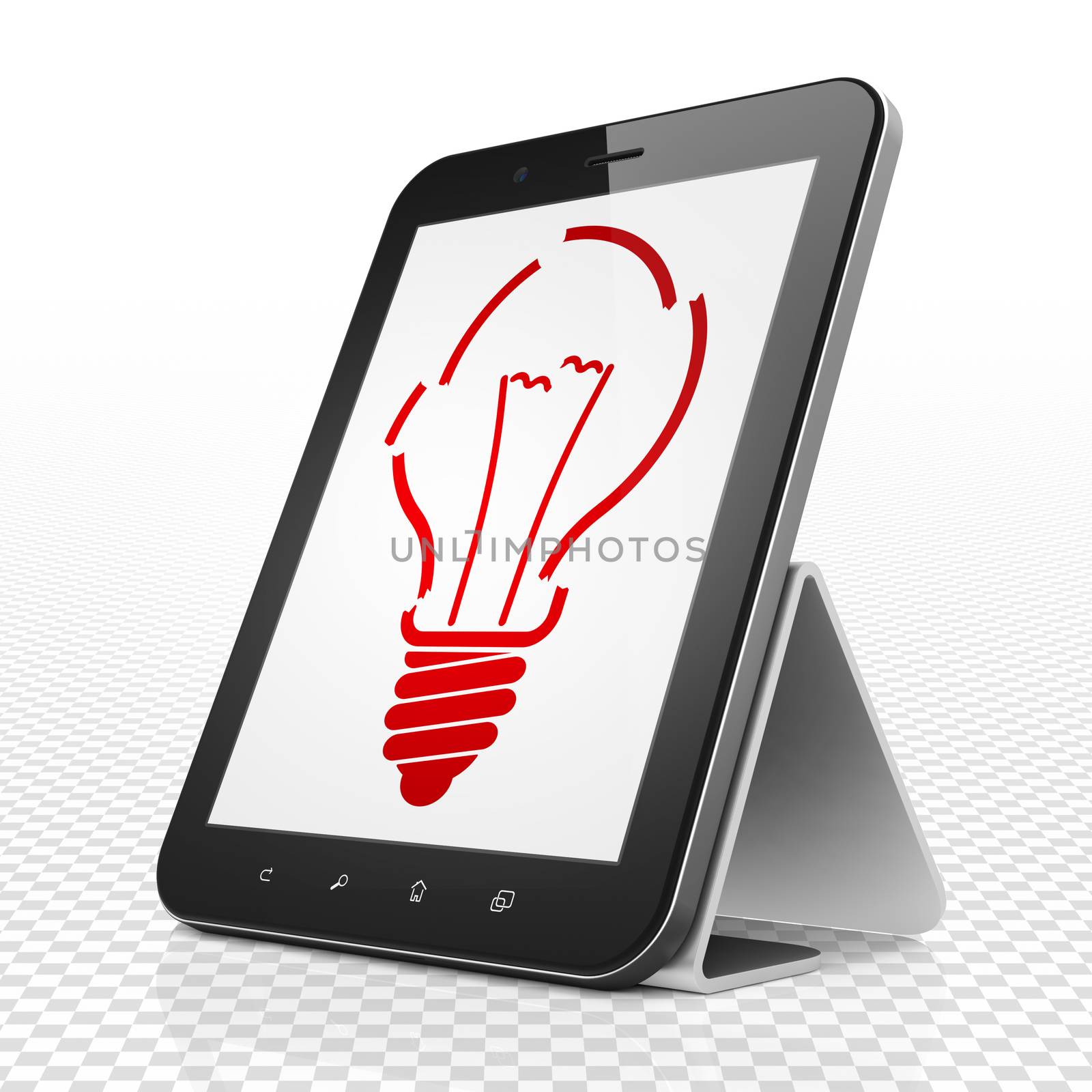 Finance concept: Tablet Computer with Light Bulb on display by maxkabakov