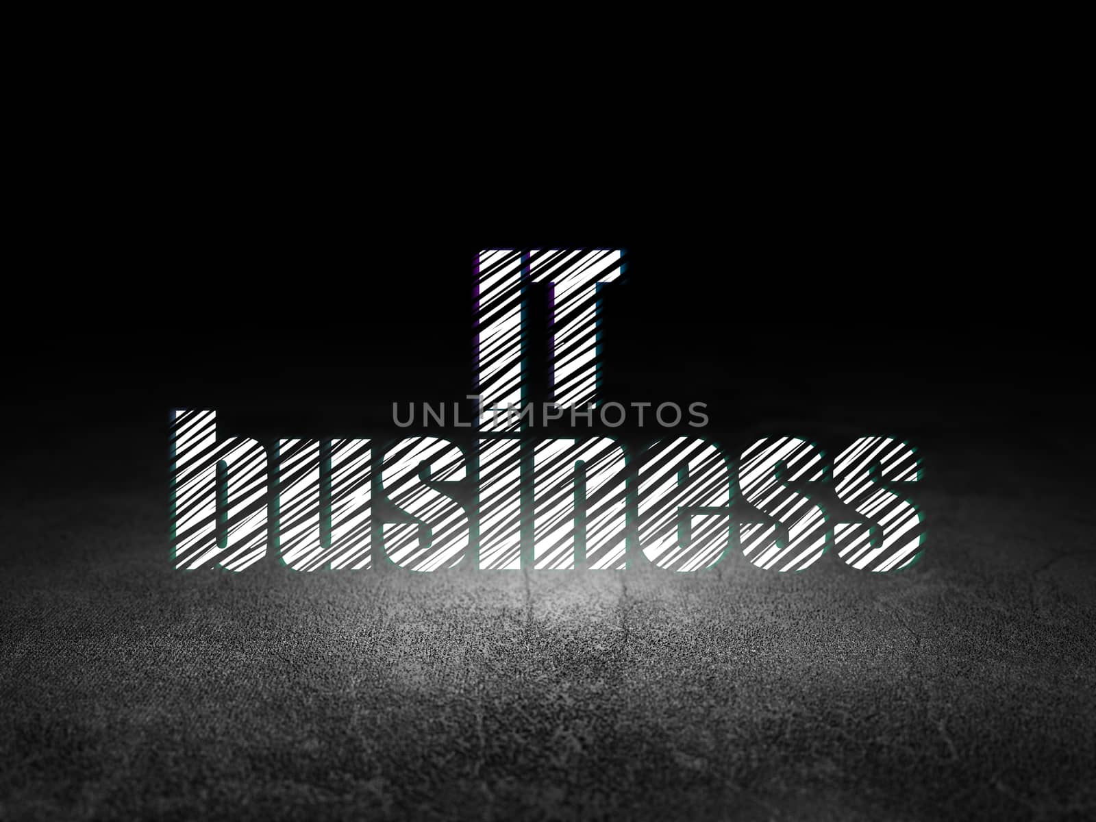 Finance concept: Glowing text IT Business in grunge dark room with Dirty Floor, black background