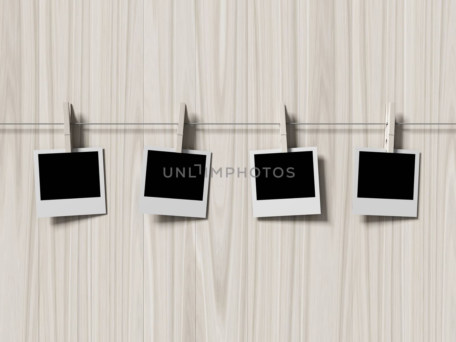 empty polaroid photos frames on wood background, concept art