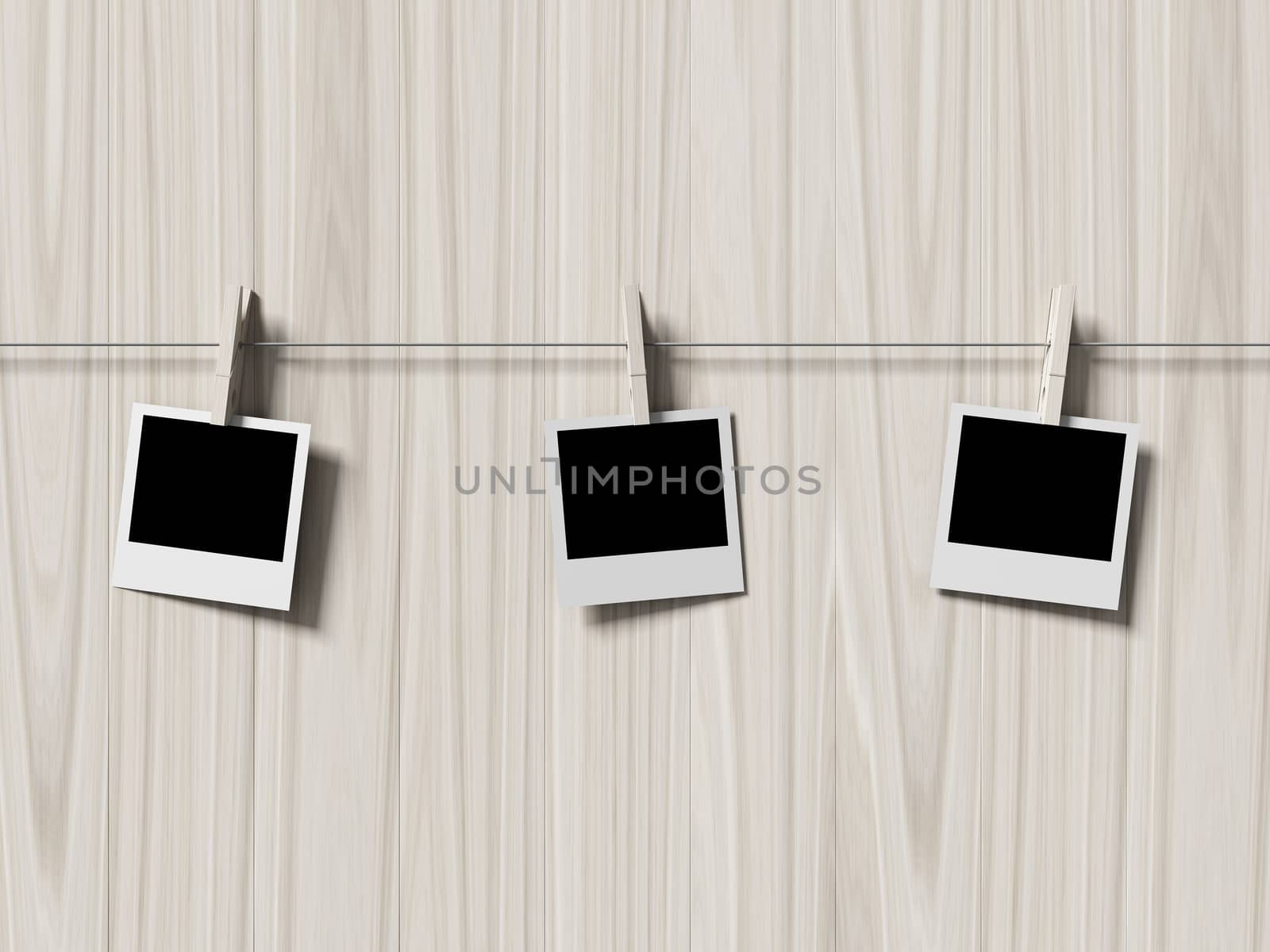 empty polaroid photos frames on wood background, concept art