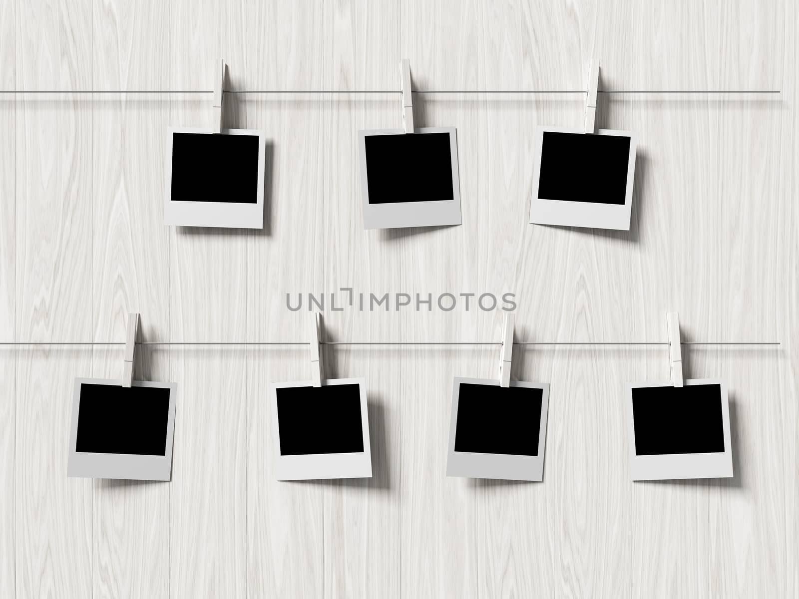 empty polaroid photos frames on wood background, concept art