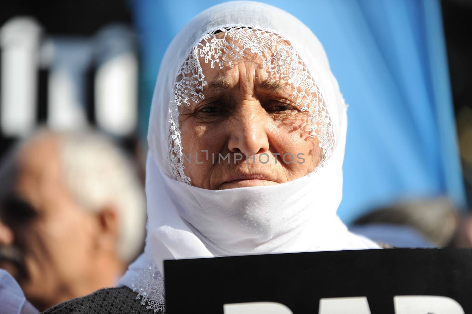 TURKEY, Istanbul: A Kurdish women at a protest in Istanbul on Sept. 13, 2015, to call for an end to a recent government operation against Kurdish militants in Cizre. The predominantly Kurdish neighborhood that has been under heavy attack recently, resulting in many civilian deaths. 