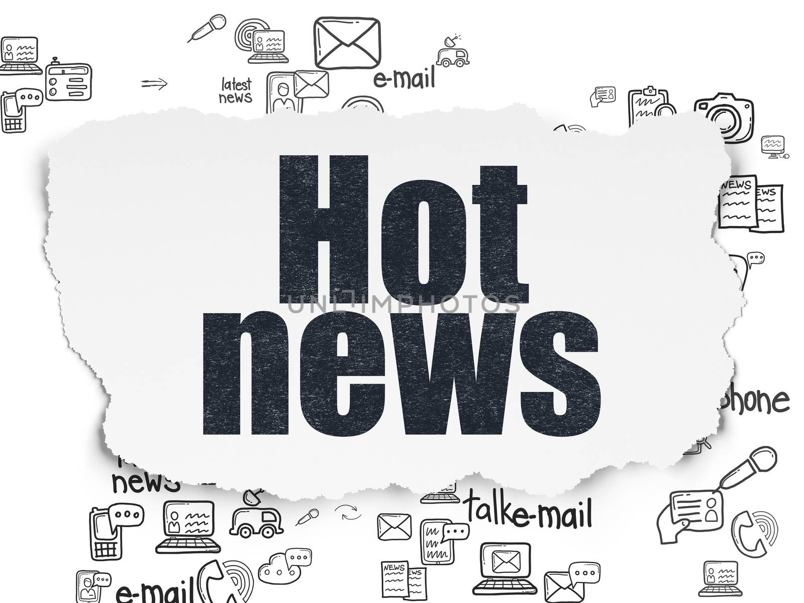 News concept: Painted black text Hot News on Torn Paper background with Scheme Of Hand Drawn News Icons