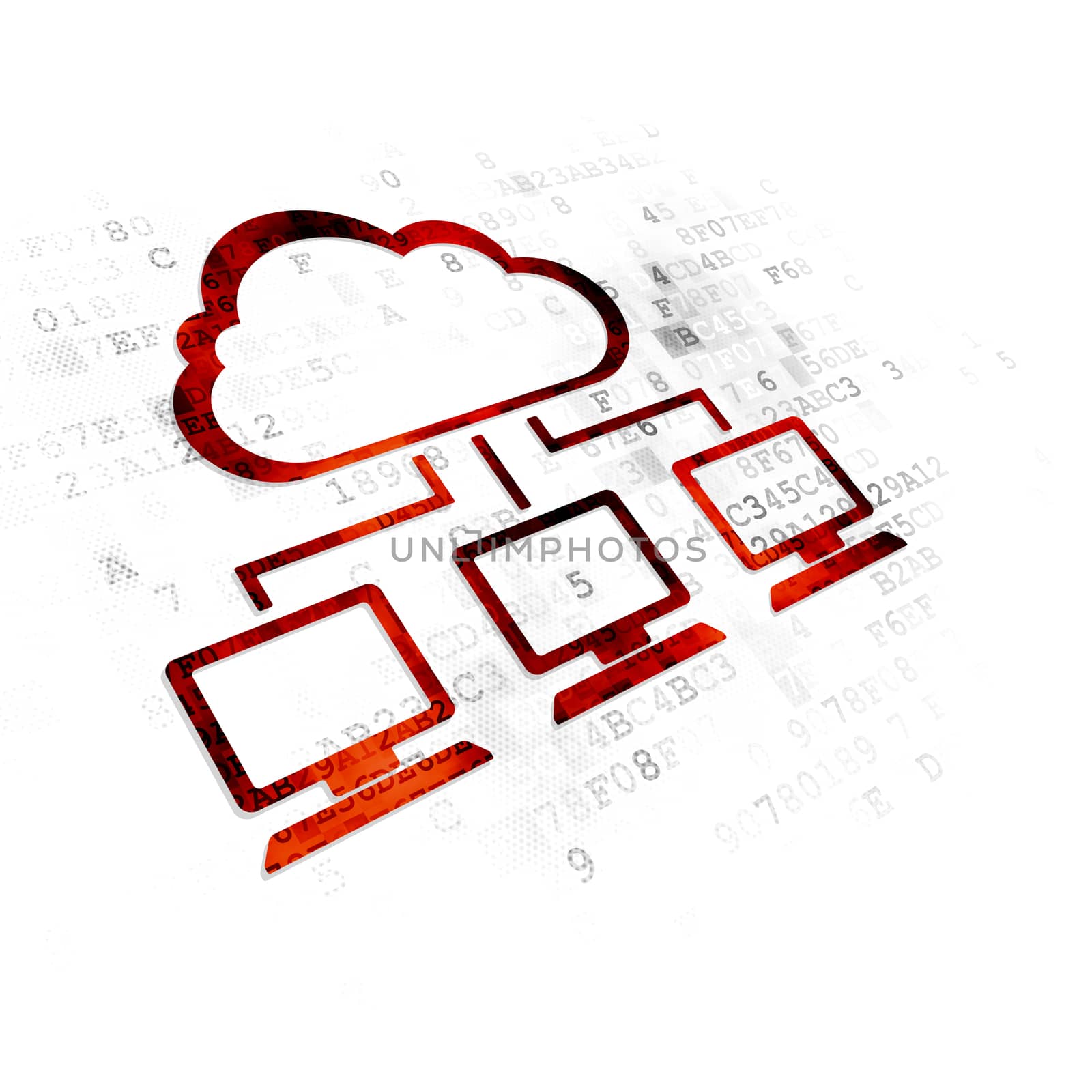 Cloud computing concept: Pixelated red Cloud Network icon on Digital background