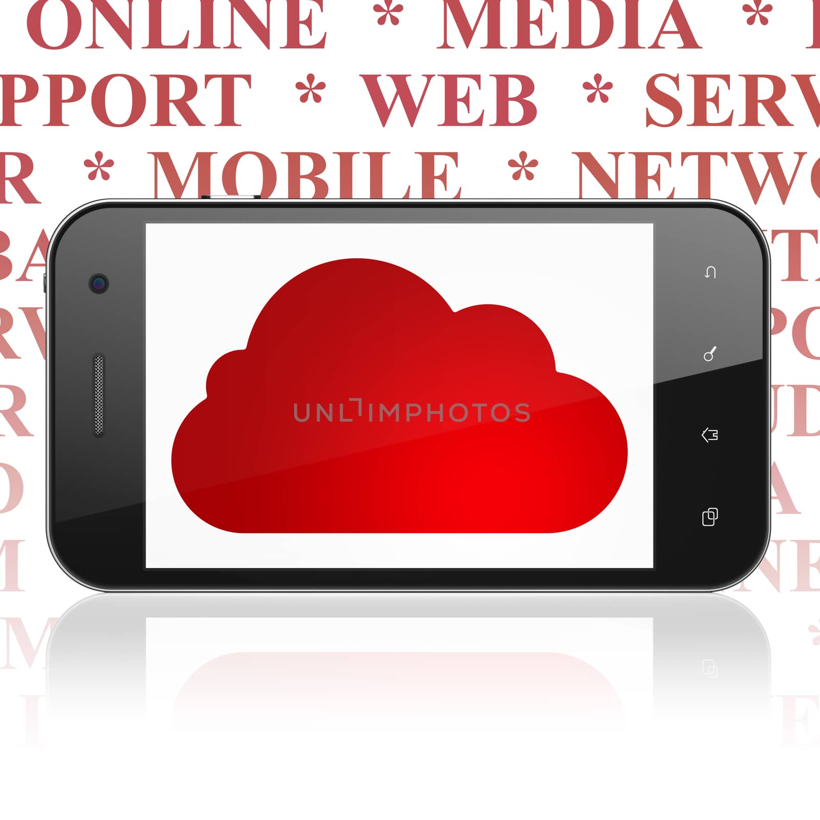 Cloud technology concept: Smartphone with  red Cloud icon on display,  Tag Cloud background