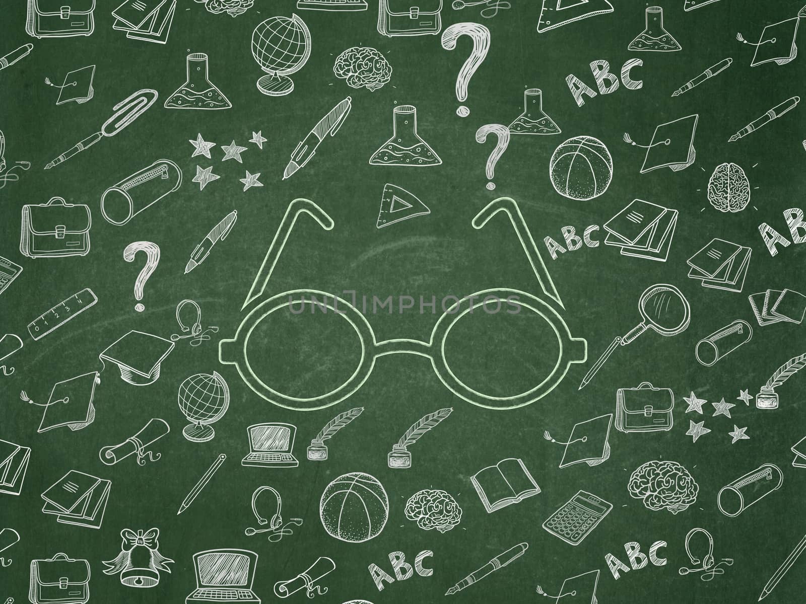 Education concept: Chalk Green Glasses icon on School Board background with  Hand Drawn Education Icons
