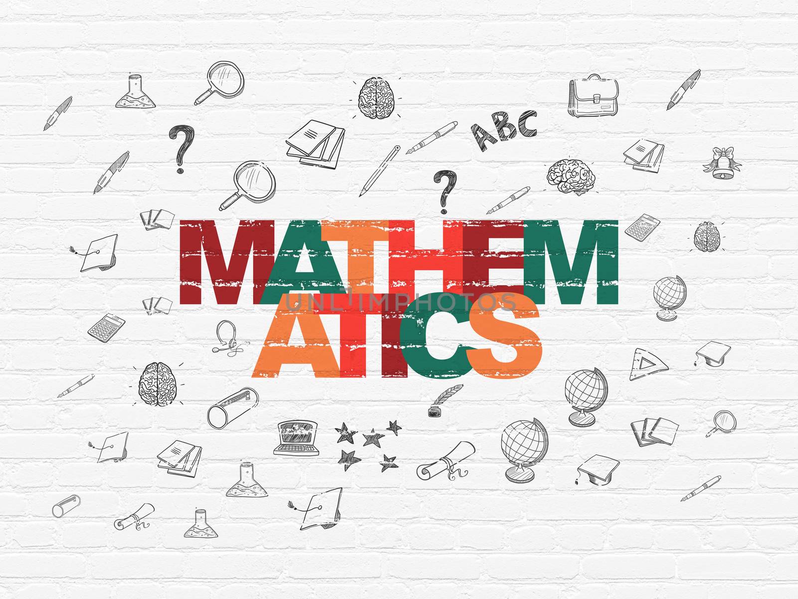 Learning concept: Painted multicolor text Mathematics on White Brick wall background with  Hand Drawn Education Icons