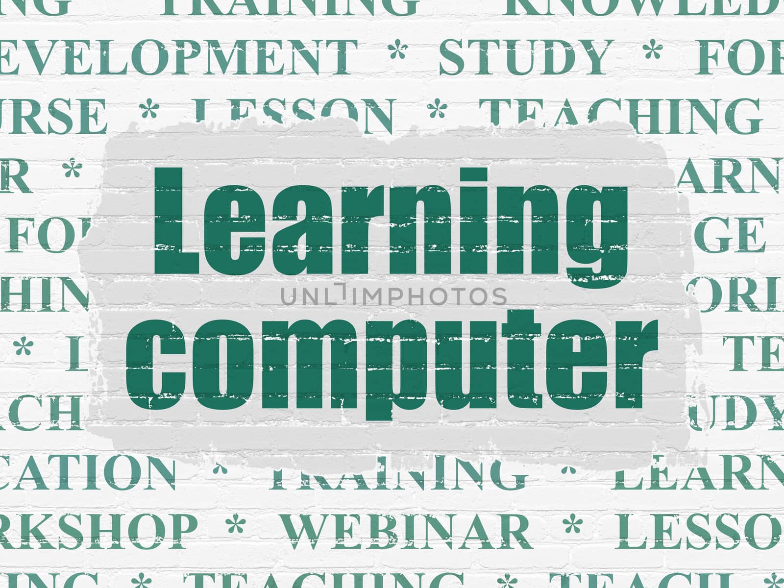 Studying concept: Painted green text Learning Computer on White Brick wall background with  Tag Cloud