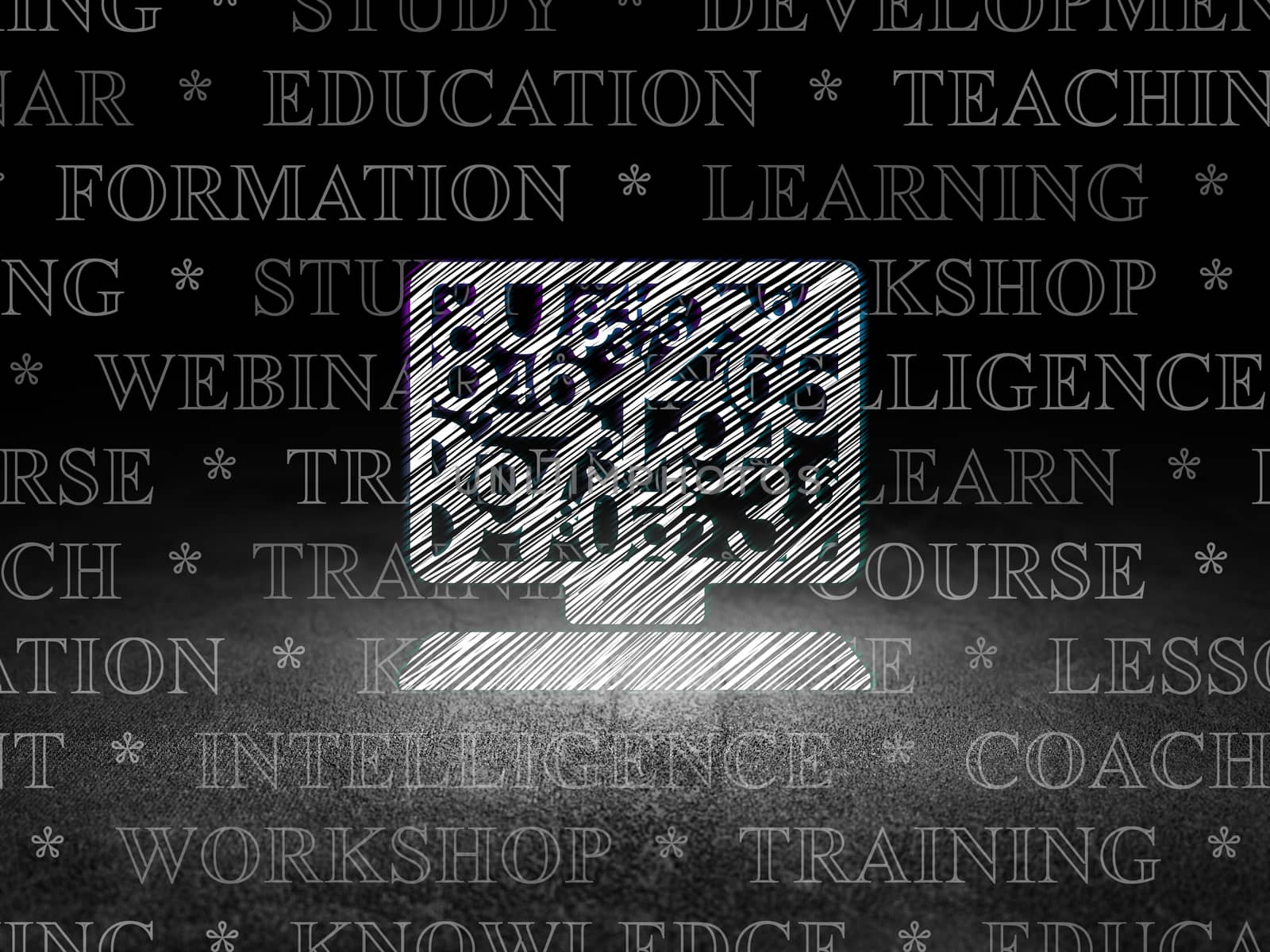 Education concept: Glowing Computer Pc icon in grunge dark room with Dirty Floor, black background with  Tag Cloud