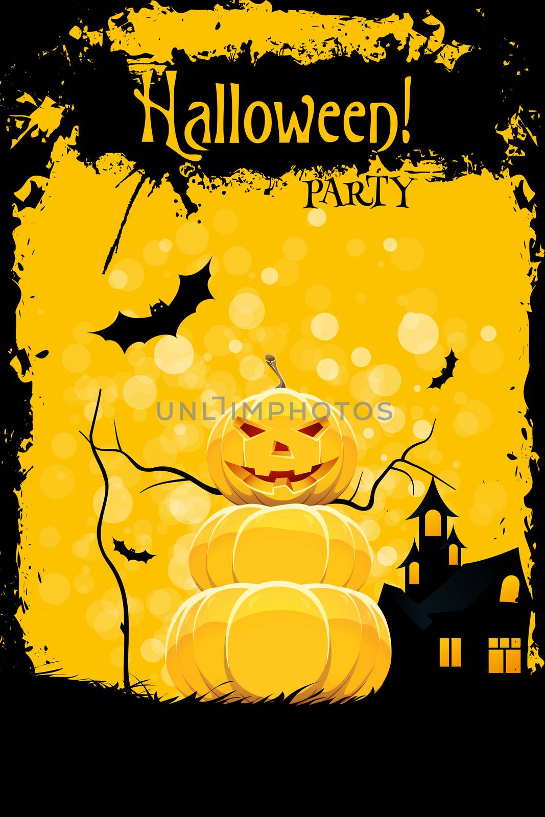 Grungy Halloween Party Card with Pumpkin and Haunted House by WaD