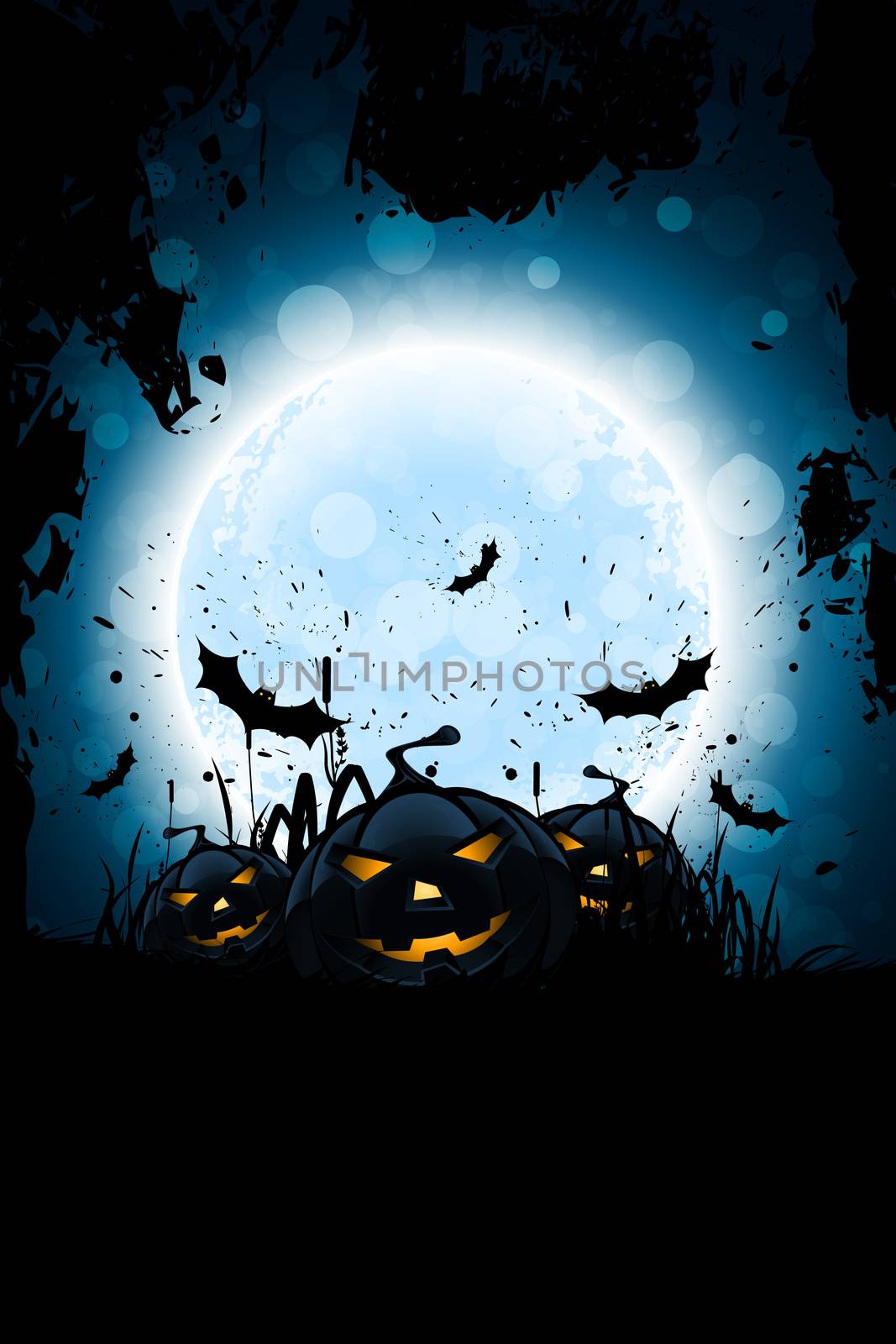 Grunge Halloween Party Background with Pumpkins Grass and Bats