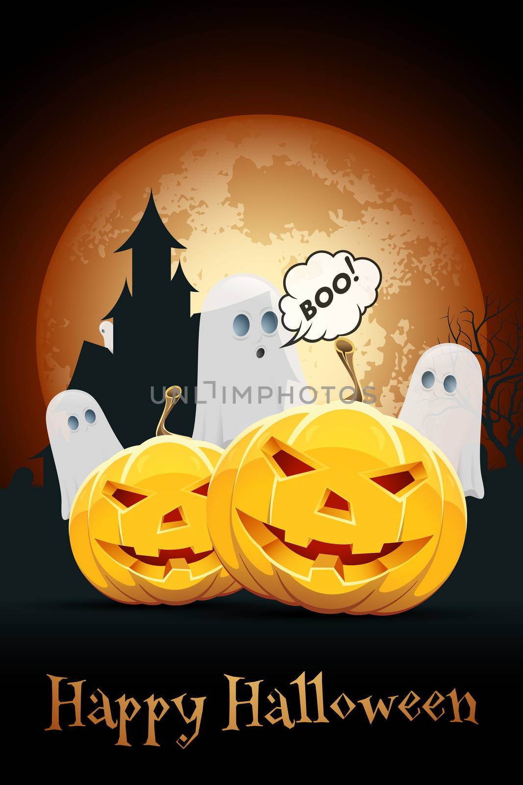 Halloween Background with Haunted House, Pumpkins and Ghosts by WaD