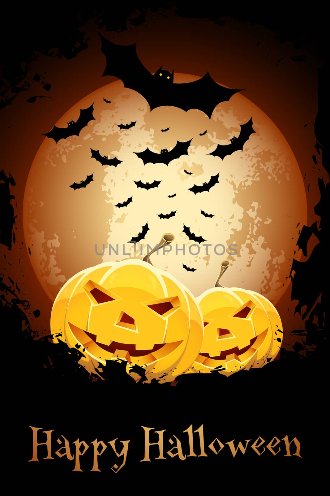 Happy Halloween Poster. Grungy Illustration with Bats and Pumpkins.