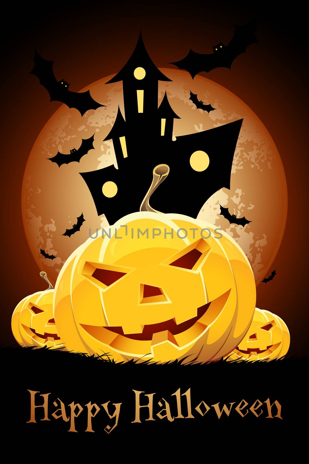 Halloween Party Card with Pumpkins, Bats and Haunted House