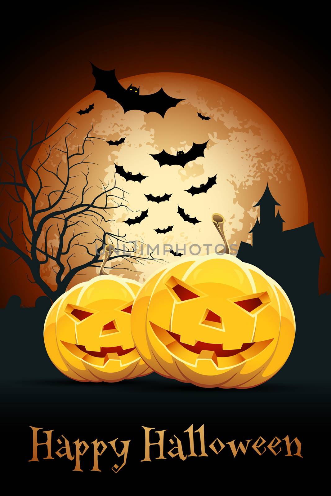 Halloween Party Card with Pumpkins, Bats and Haunted House