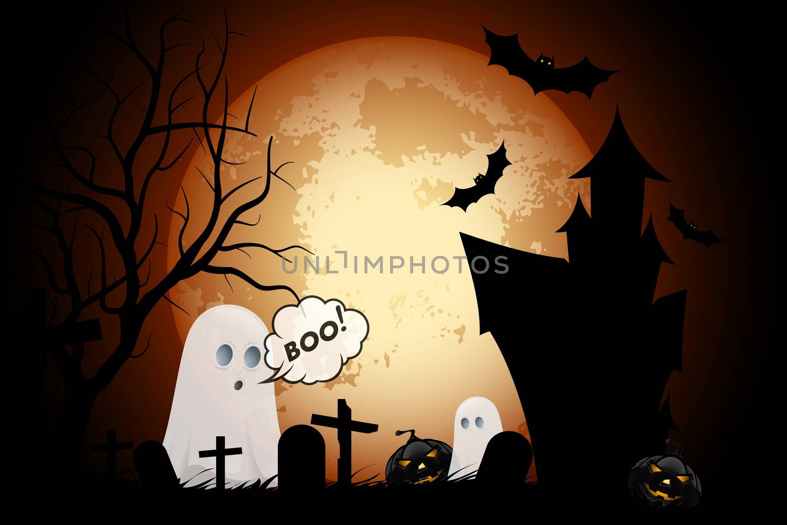 Halloween Background with Haunted House, Pumpkins and Ghosts by WaD