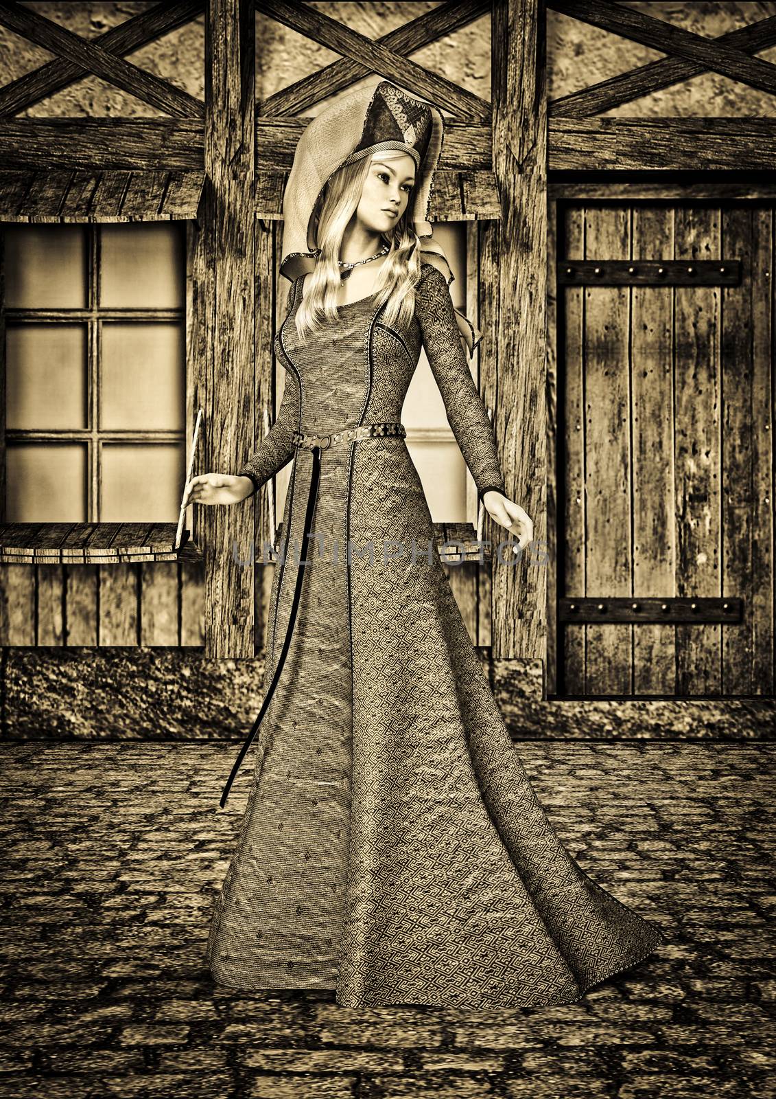3D digital render of a beautiful medieval lady on an old city background