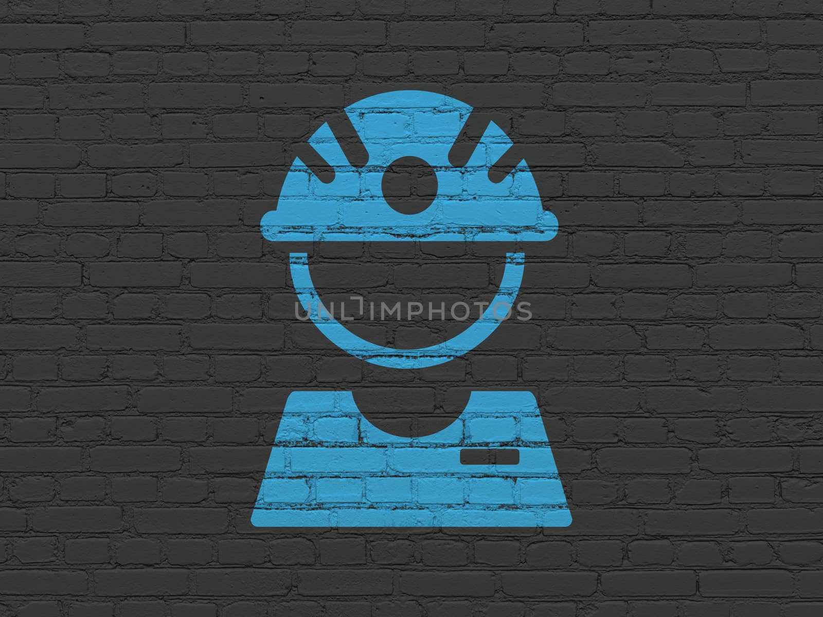 Manufacuring concept: Painted blue Factory Worker icon on Black Brick wall background