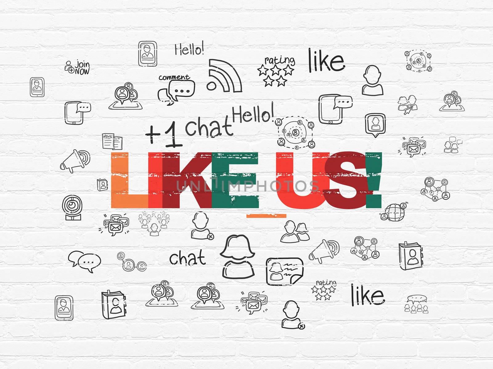 Social network concept: Painted multicolor text Like us! on White Brick wall background with  Hand Drawn Social Network Icons