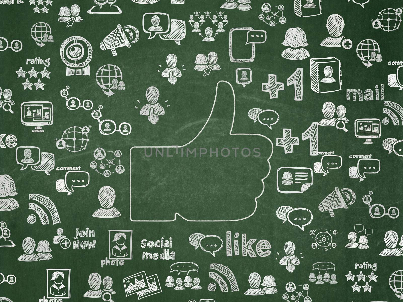 Social media concept: Chalk White Thumb Up icon on School Board background with  Hand Drawn Social Network Icons
