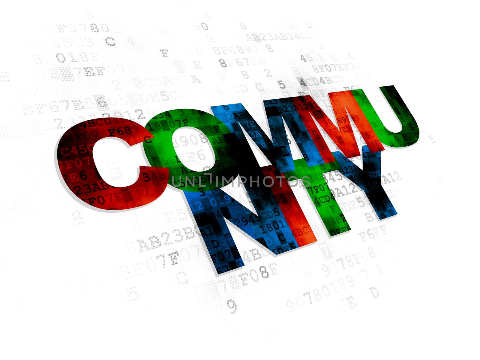 Social network concept: Pixelated multicolor text Community on Digital background