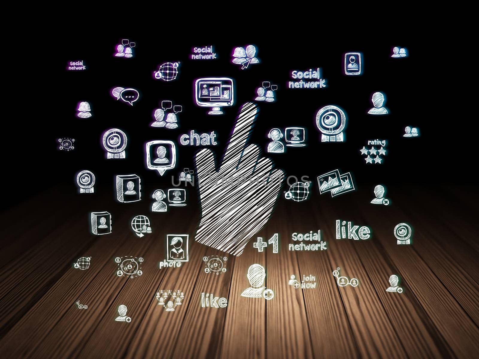 Social media concept: Glowing Mouse Cursor icon in grunge dark room with Wooden Floor, black background with  Hand Drawn Social Network Icons