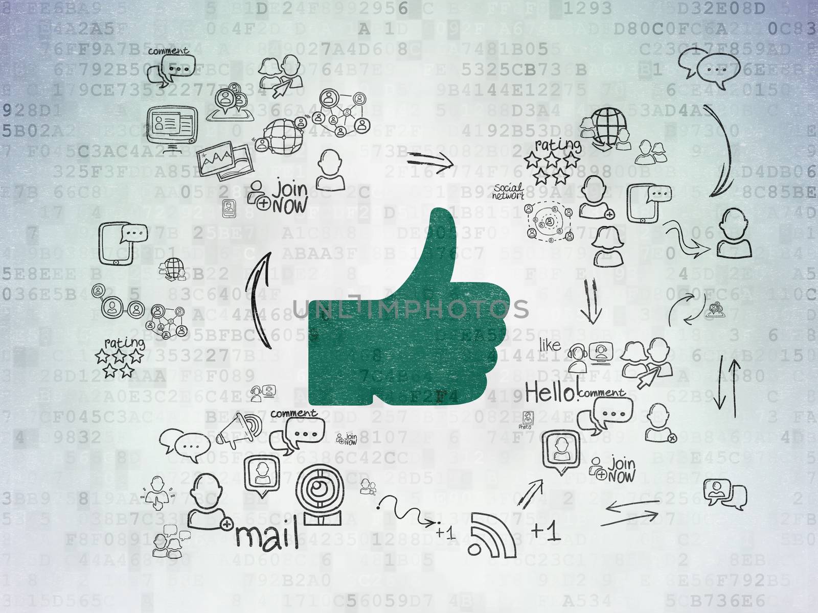 Social media concept: Thumb Up on Digital Paper background by maxkabakov