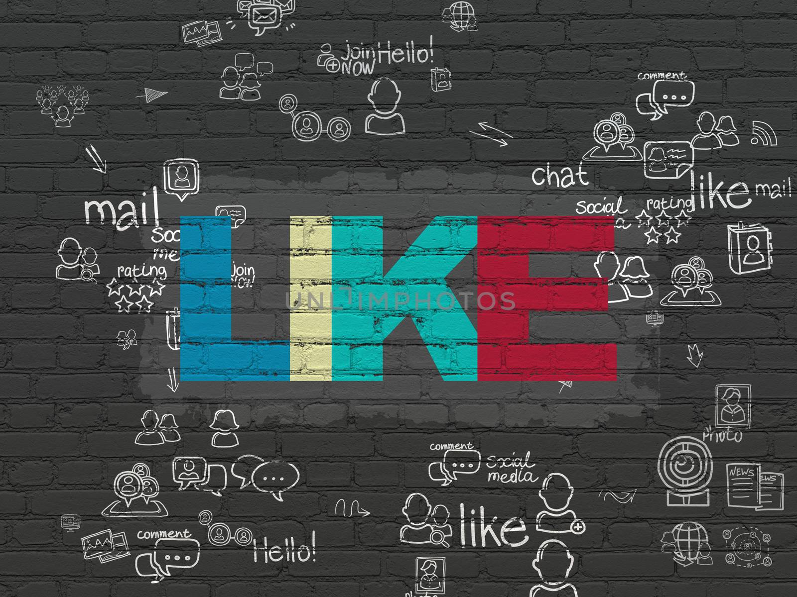 Social network concept: Painted multicolor text Like on Black Brick wall background with Scheme Of Hand Drawn Social Network Icons