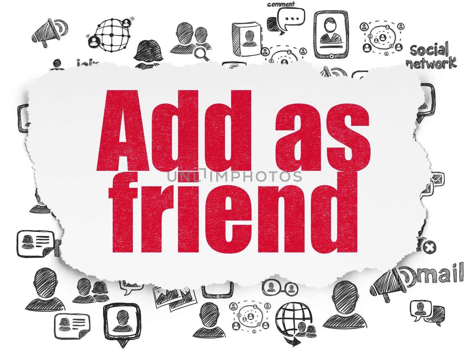 Social network concept: Painted red text Add as Friend on Torn Paper background with  Hand Drawn Social Network Icons