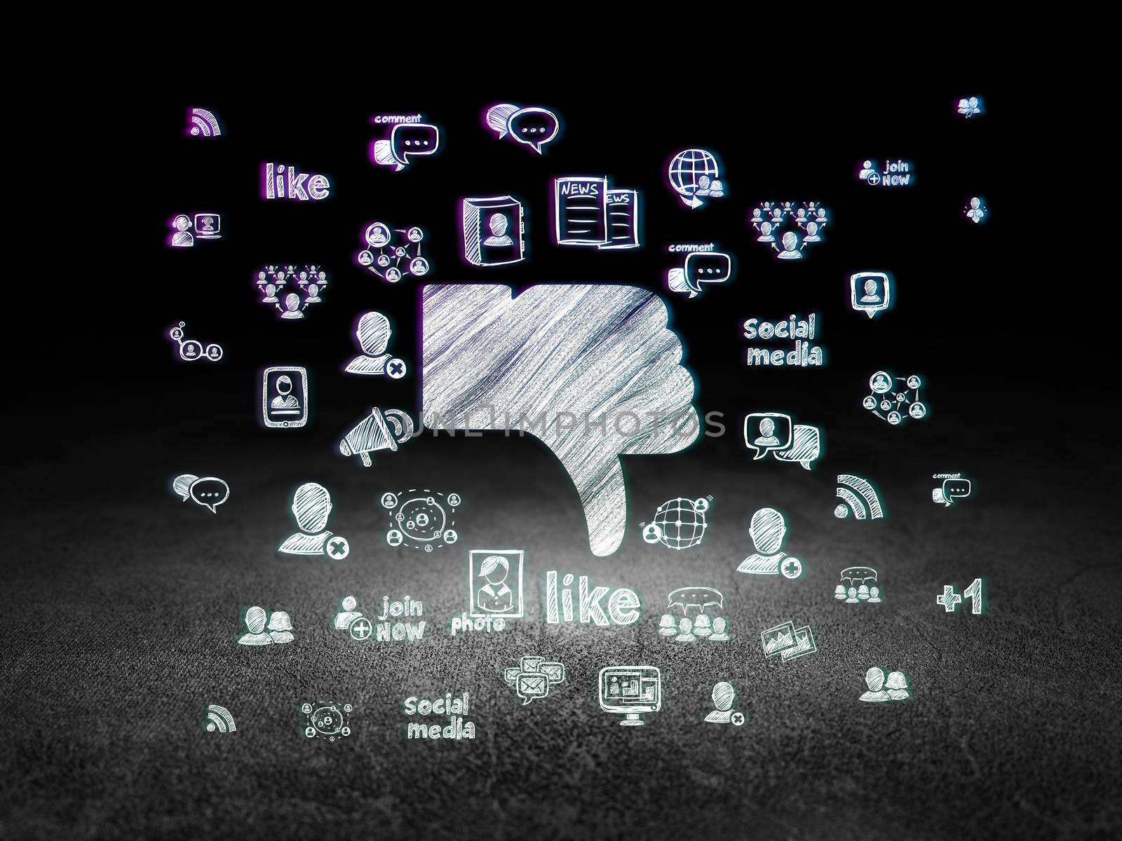 Social media concept: Glowing Thumb Down icon in grunge dark room with Dirty Floor, black background with  Hand Drawn Social Network Icons