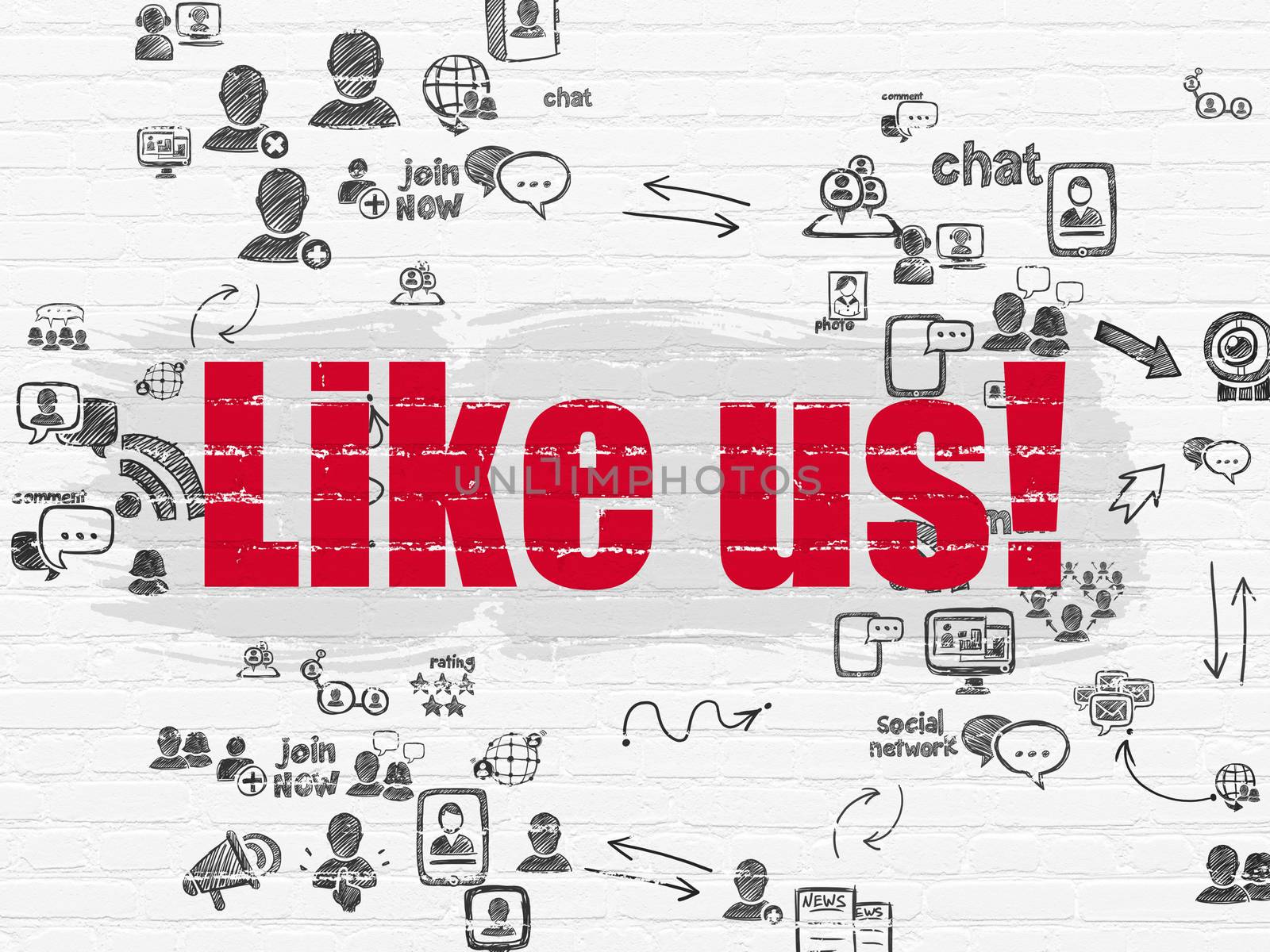 Social network concept: Painted red text Like us! on White Brick wall background with Scheme Of Hand Drawn Social Network Icons