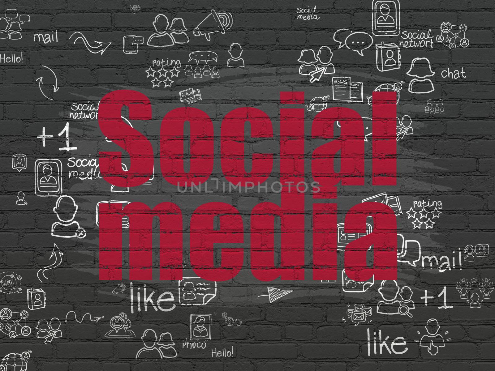 Social media concept: Painted red text Social Media on Black Brick wall background with Scheme Of Hand Drawn Social Network Icons