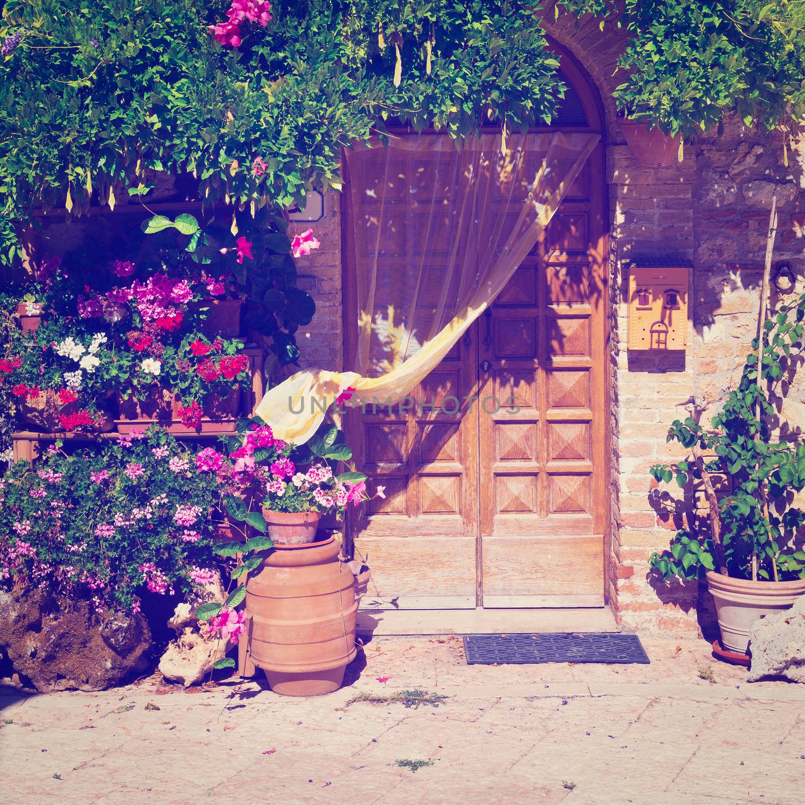 Door of the Italian House Decorated with Fresh Flowers, Instagram Effect 