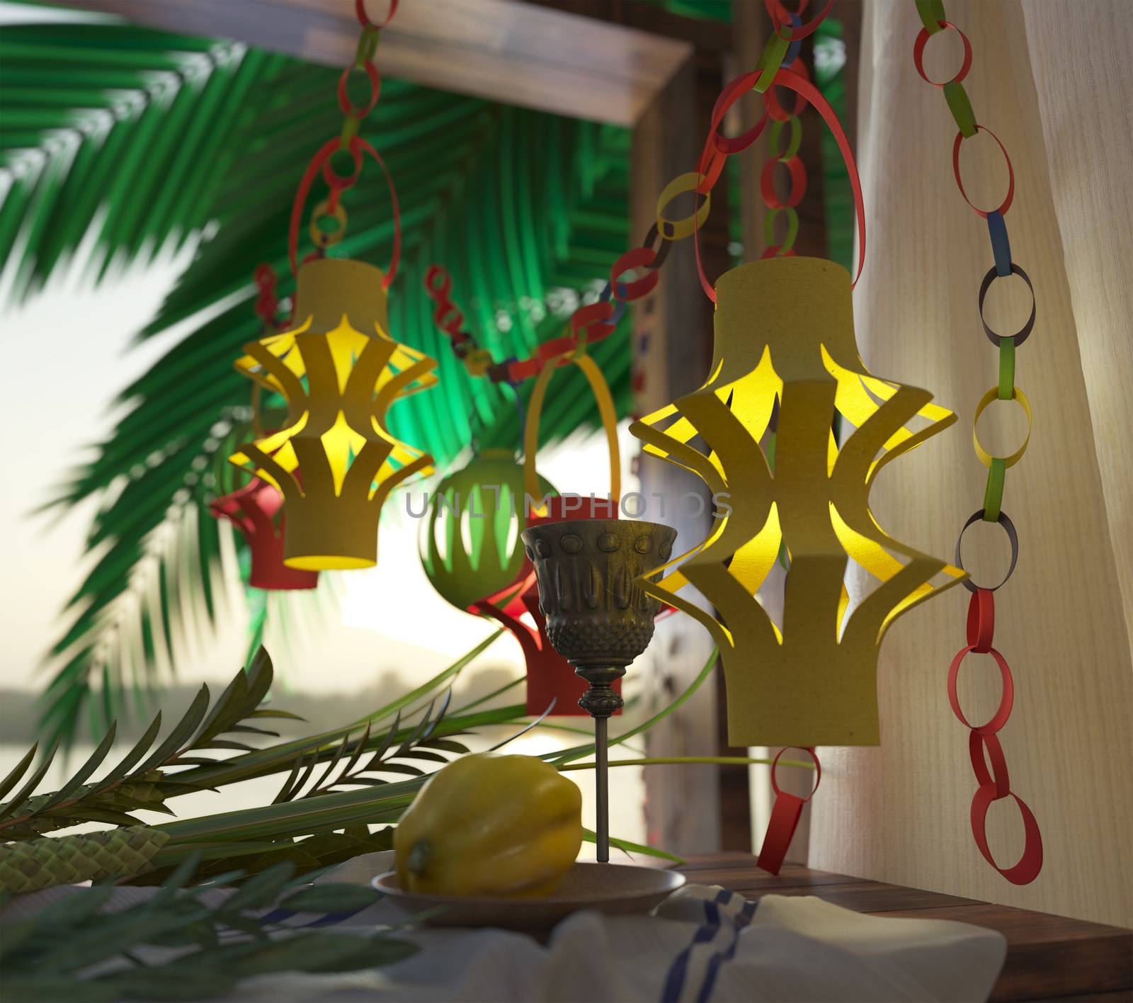 Symbols of the Jewish holiday Sukkot with palm leaves and glass wine 3D illustration