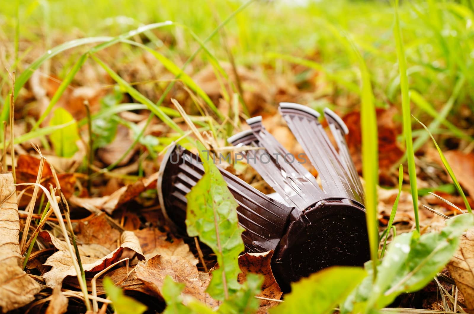 Damaged plastic cup on green grass