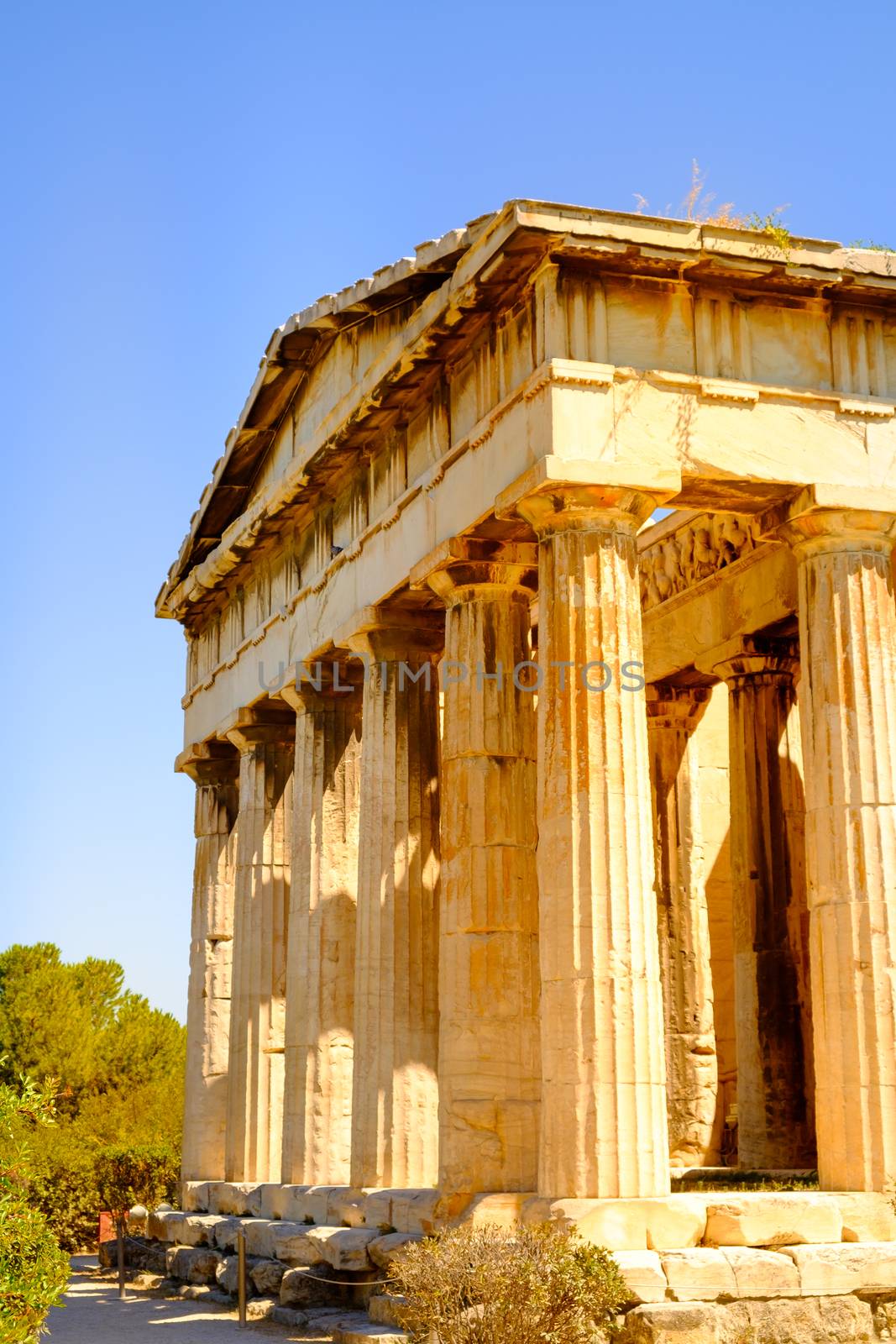Detail view of temple of Hephaestus in Ancient Agora, Athens, Greece