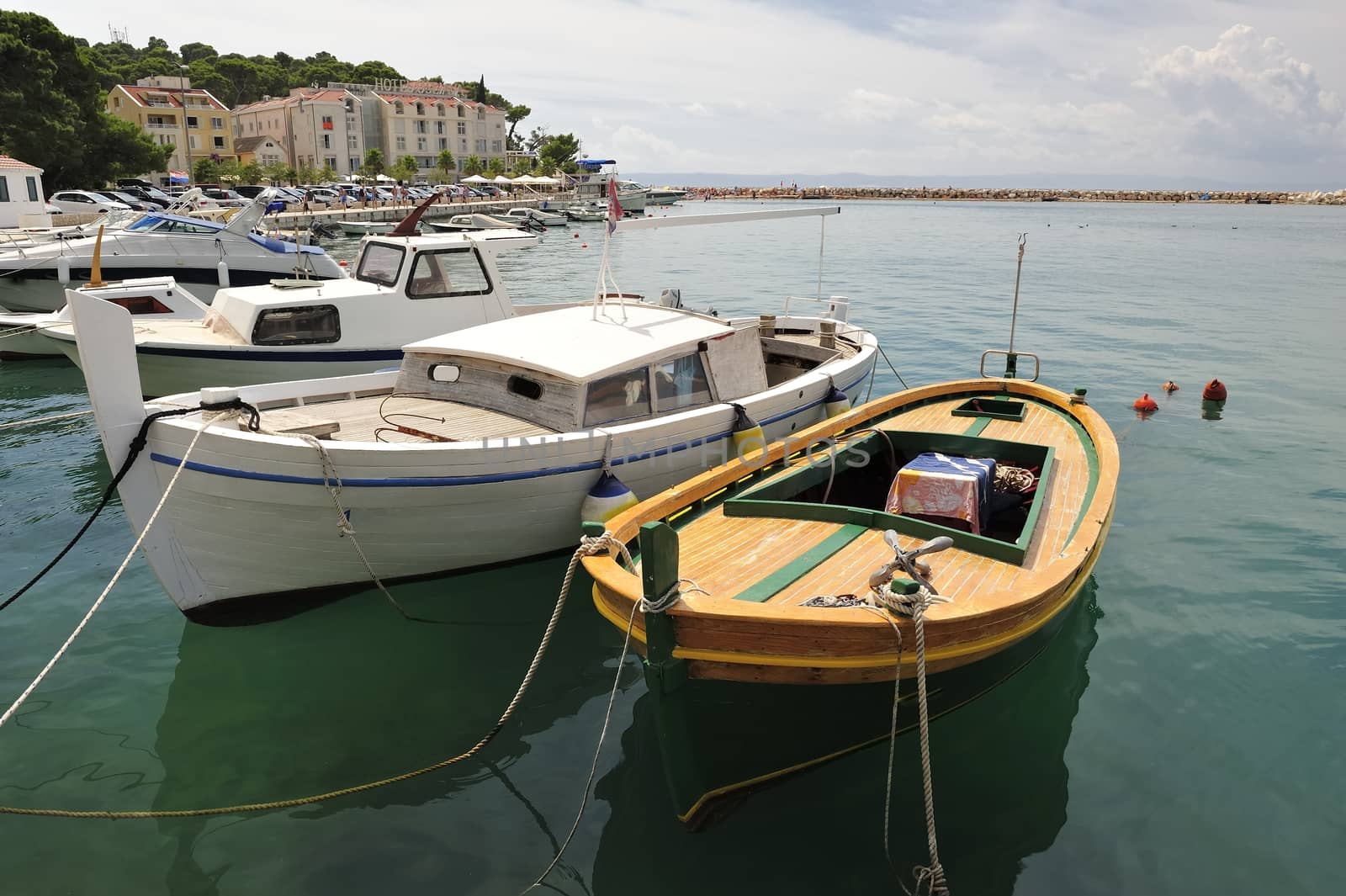 Harbour with boat, Markarska Riviera in Croatia.