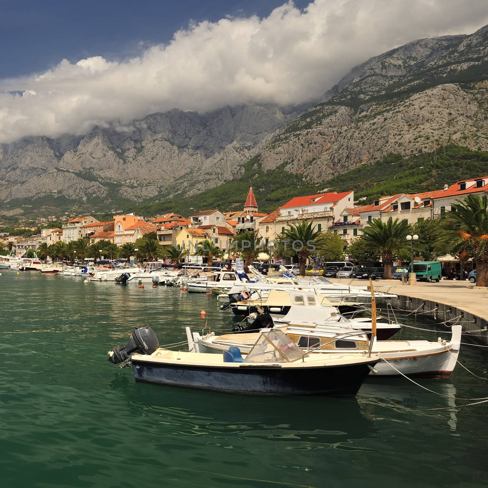 Harbour with boat, Markarska Riviera in Croatia.