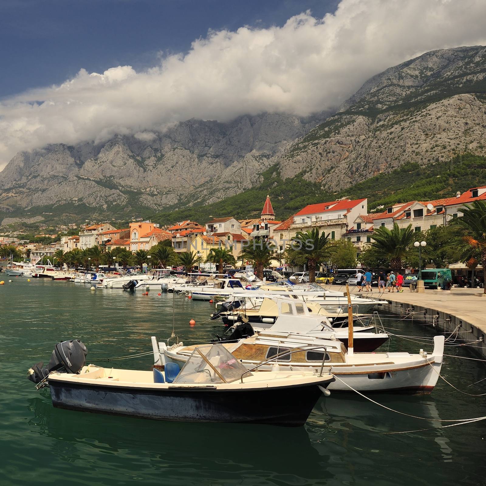 Harbour with boat, Markarska Riviera in Croatia.