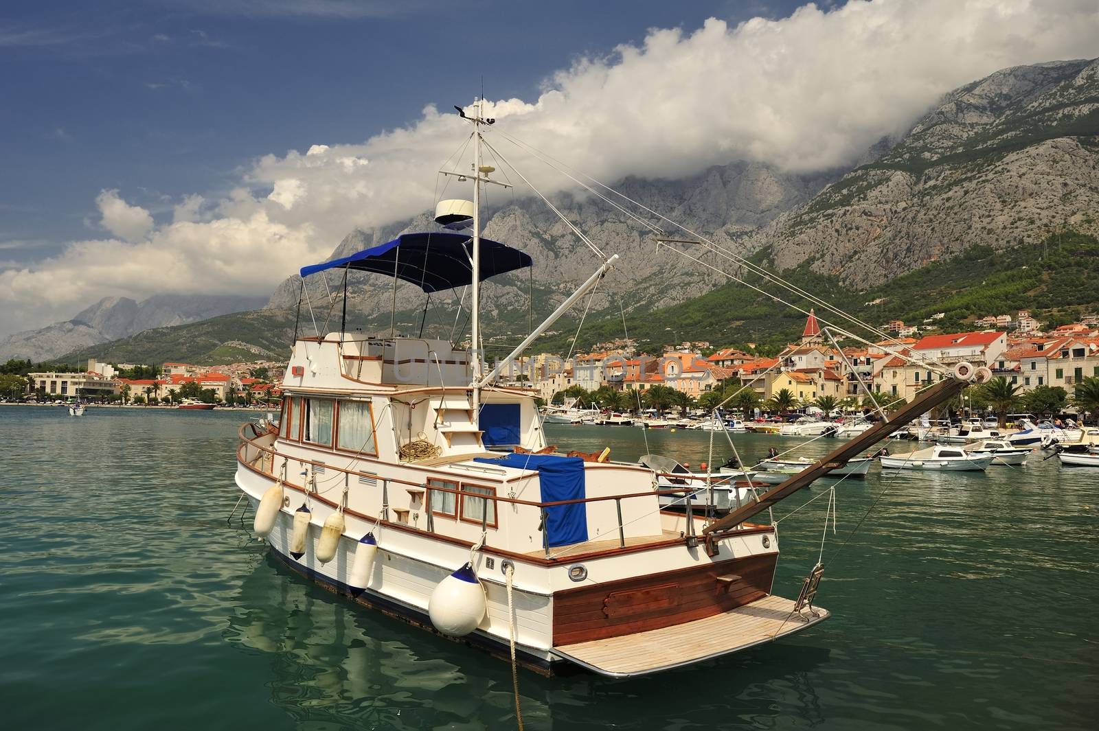 Harbour with boat, Markarska Riviera in Croatia.