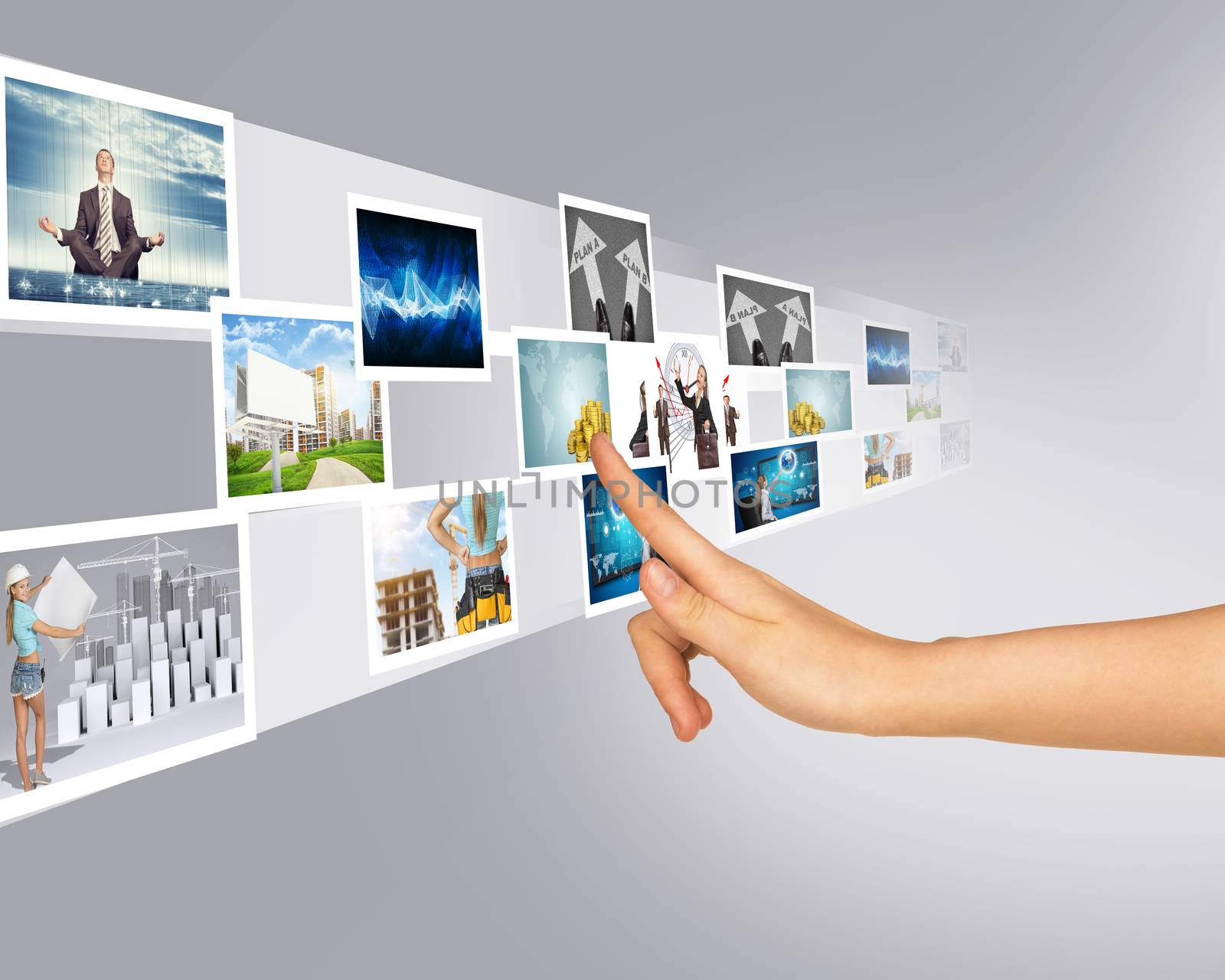 Young womans touching holographic pictures on abstract background