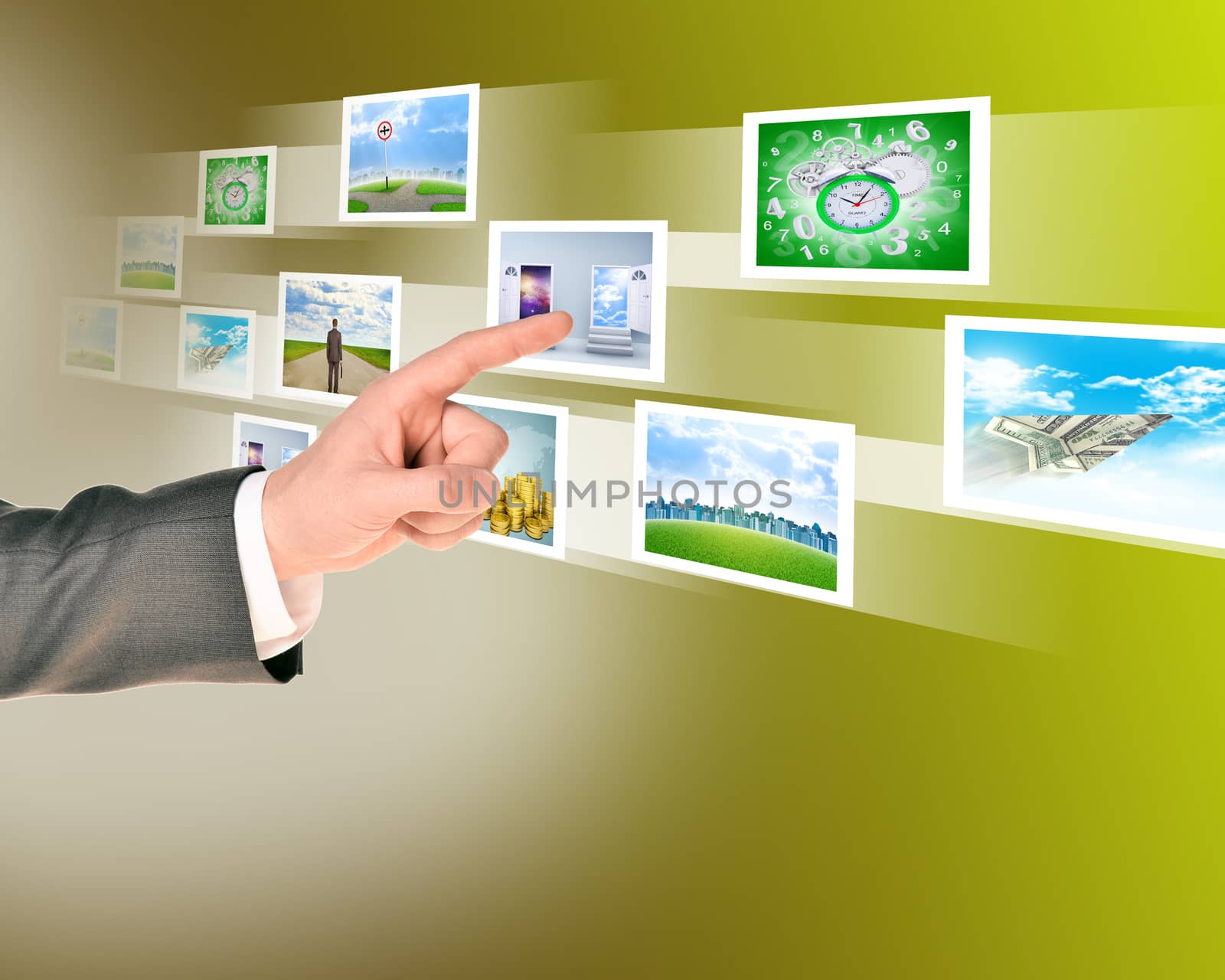 Businessmans touching holographic pictures on abstract background