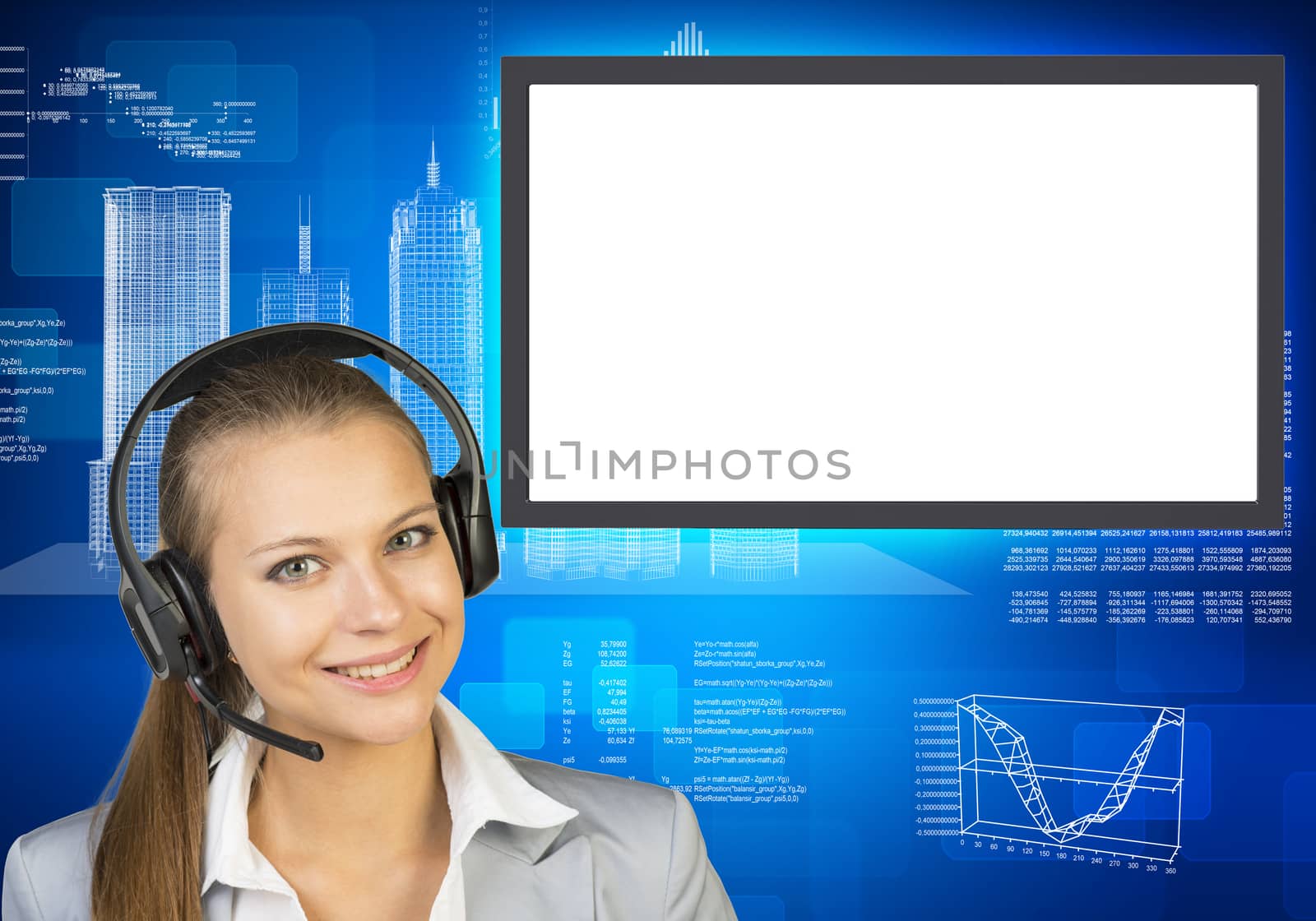 Smiling businesslady in earphones on abstract blue background with molecule 
