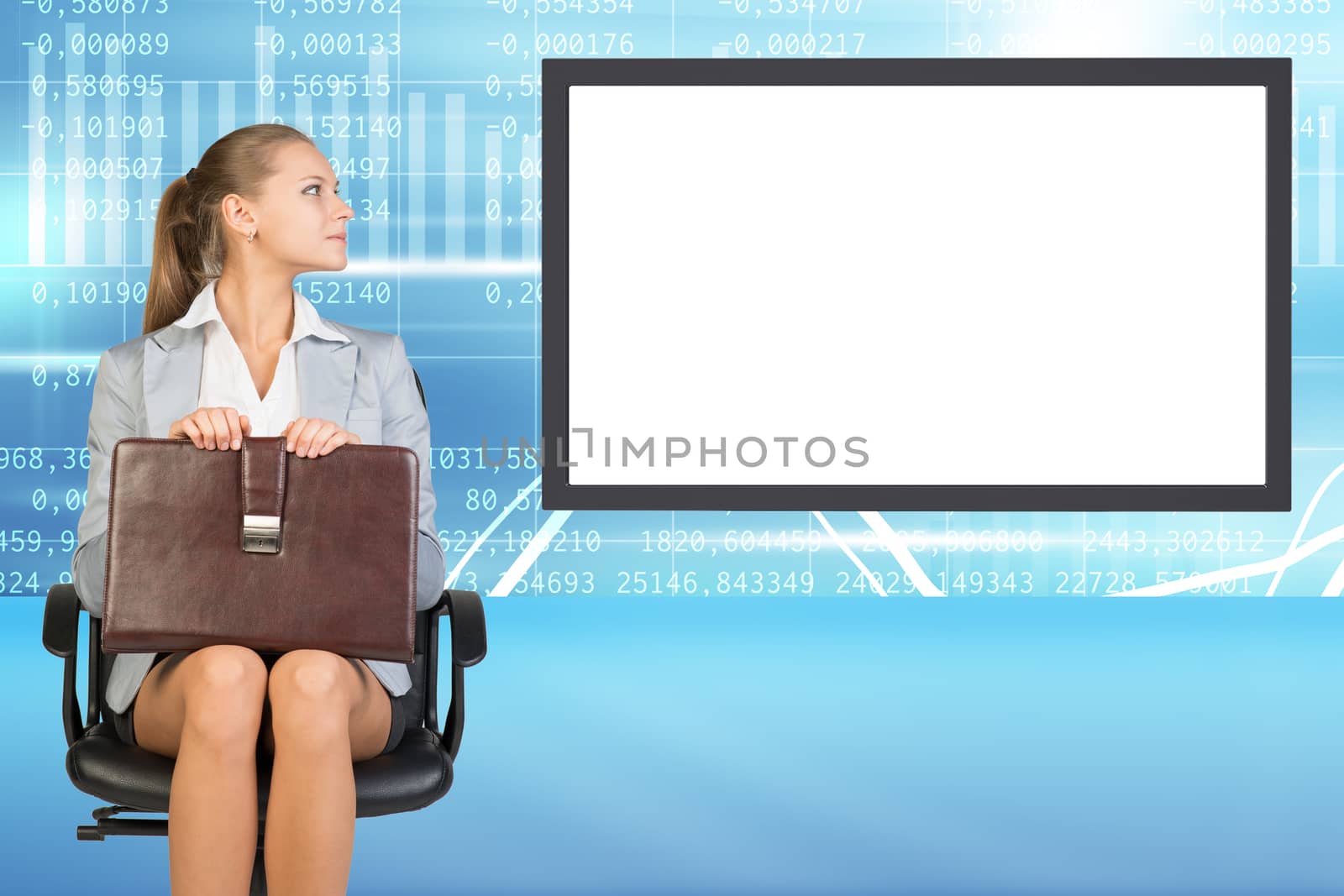 Business lady sitting in chair with suitcase by cherezoff