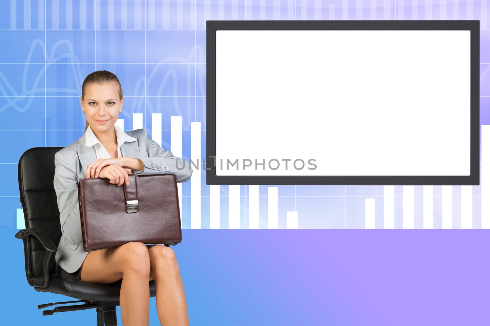 Businesswoman sitting in chair with suitcase by cherezoff